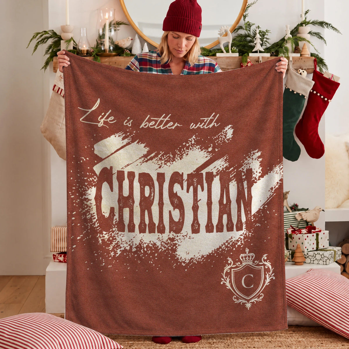 Life Is Better With Your Name Terracotta Cream Fleece Blanket CHRISTIAN 13K1 BK30