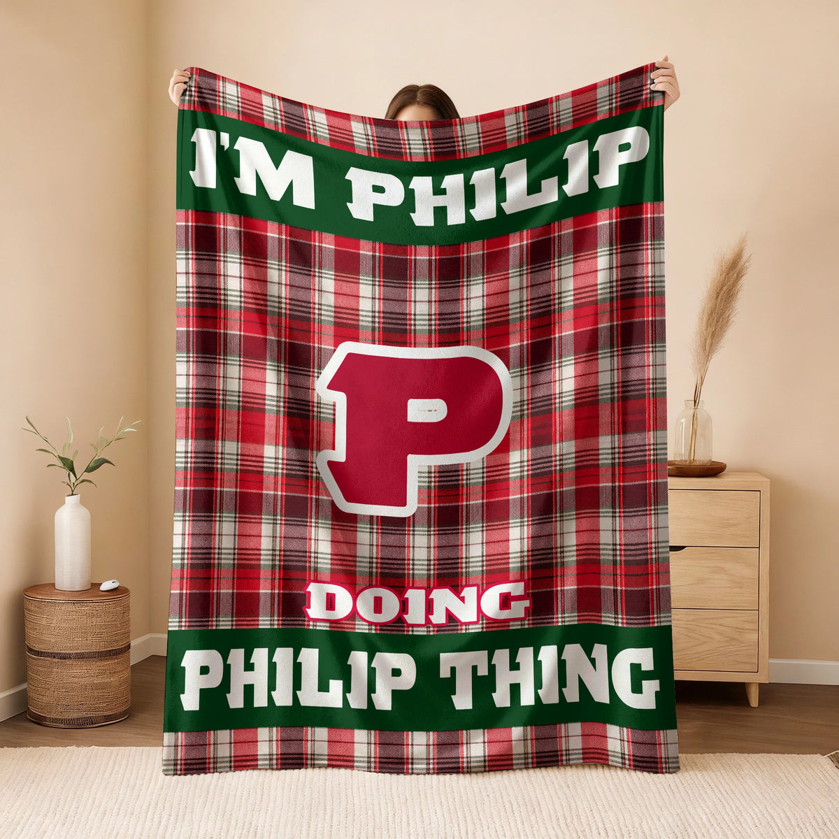 I'm Name Doing Name Things Red Plaid Fleece Blanket PHILIP 13K1 BK49
