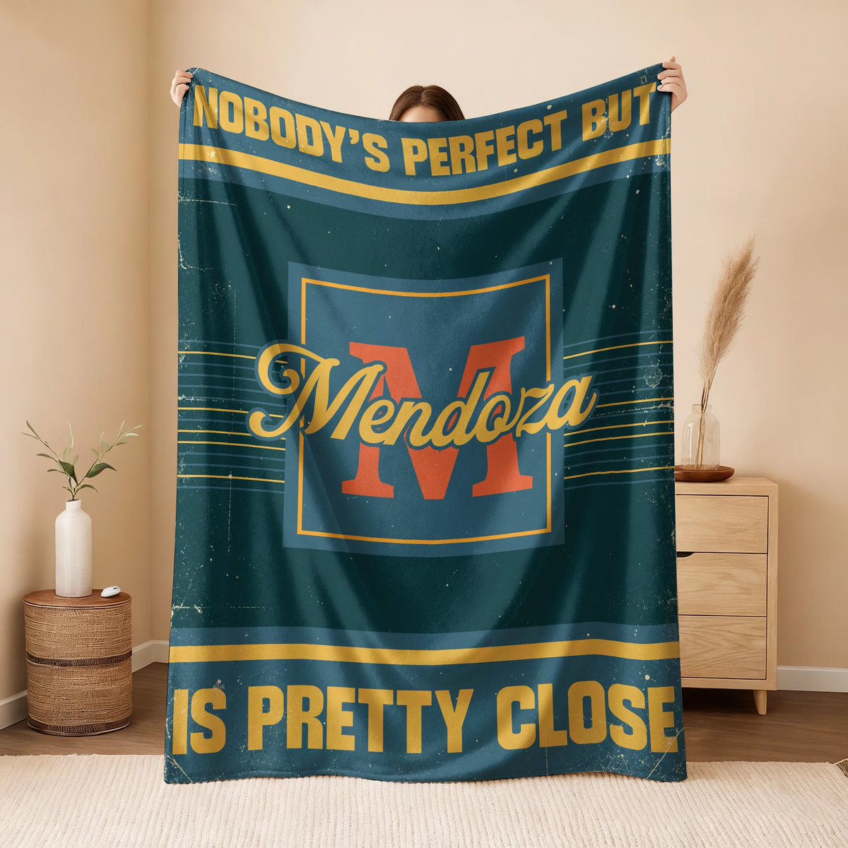 Nobody's Perfect But Your Name Is Close Vintage Blue & Brown Fleece Blanket MENDOZA 13K1 BK54