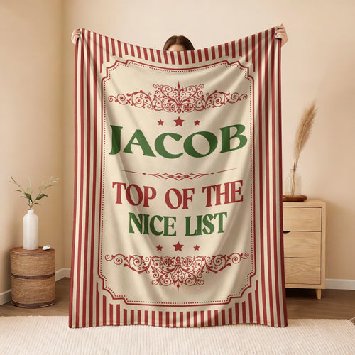 Your Name Nice List Red Striped Christmas Fleece Blanket JACOB 13K1 BK60