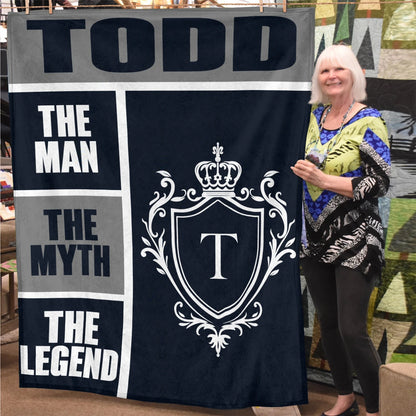The Man The Myth The Legend Navy Gray & Gold Fleece Blanket  TODD 13K1 BK09
