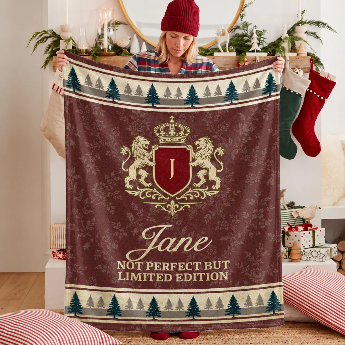 Not Perfect But Limited Edition Burgundy Pine Tree Fleece Blanket JANE 13K1 BK41