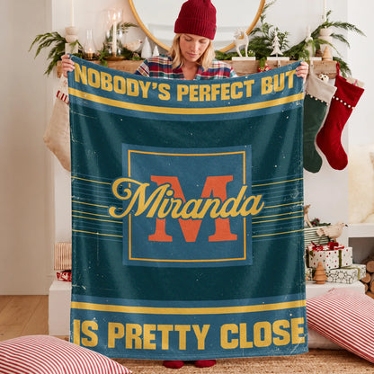 Nobody's Perfect But Your Name Is Close Vintage Blue & Brown Fleece Blanket MIRANDA 13K1 BK54