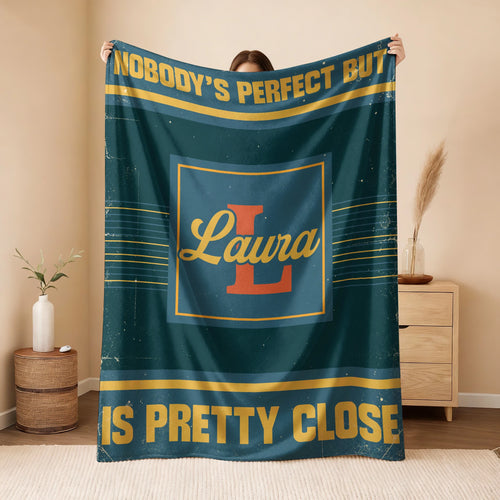 Nobody's Perfect But Your Name Is Close Vintage Blue & Brown Fleece Blanket LAURA 13K1 BK54
