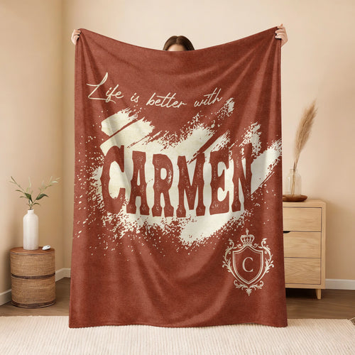 Life Is Better With Your Name Terracotta Cream Fleece Blanket CARMEN 13K1 BK30
