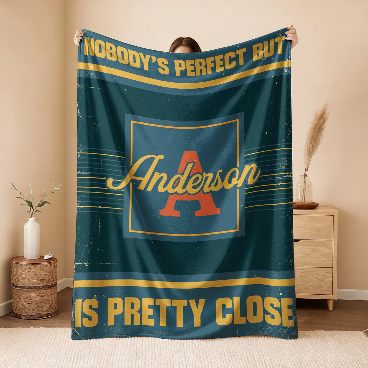 Nobody's Perfect But Your Name Is Close Vintage Blue & Brown Fleece Blanket ANDERSON 13K1 BK54