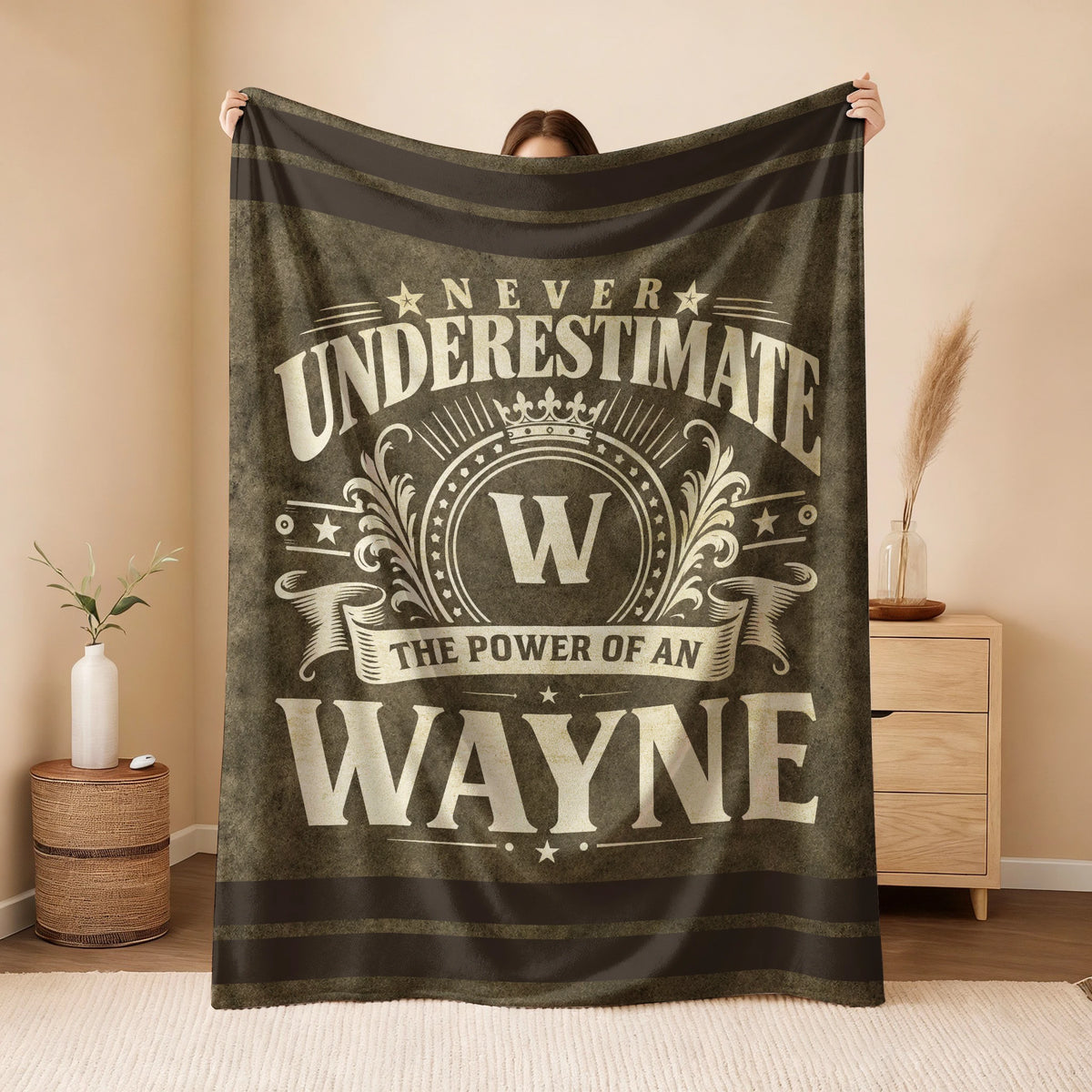 Never Underestimate The Power Of A Name Olive Green Army Fleece Blanket WAYNE 13K1 BK46
