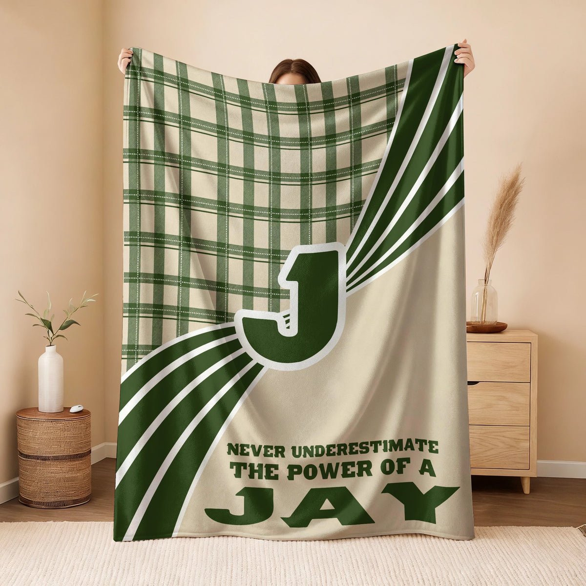 Never Underestimate Your Name Green & Cream Plaid Fleece Blanket JAY 13K1 BK50