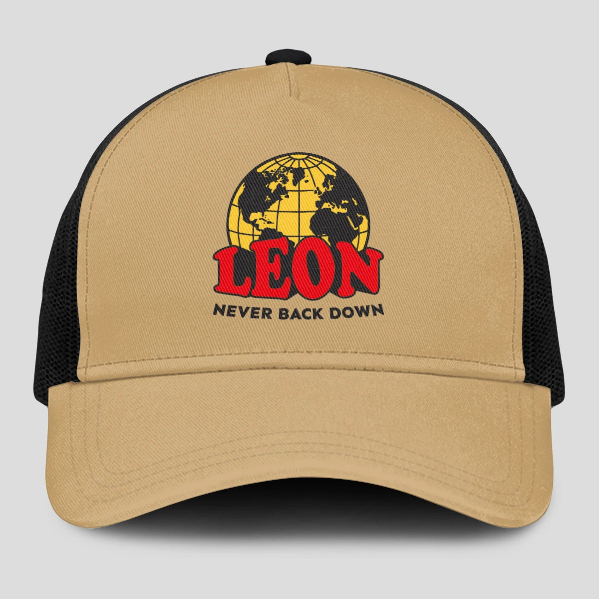 Never Back Down World Logo Khaki Mesh Cap LEON 13K1 C212PF