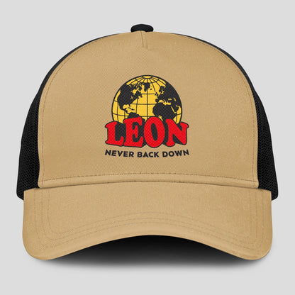 Never Back Down World Logo Khaki Mesh Cap LEON 13K1 C212PF