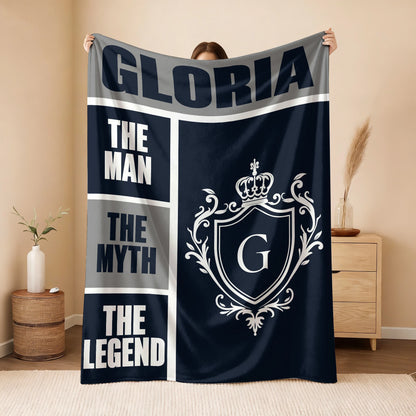 The Man The Myth The Legend Navy Gray & Gold Fleece Blanket  GLORIA 13K1 BK09