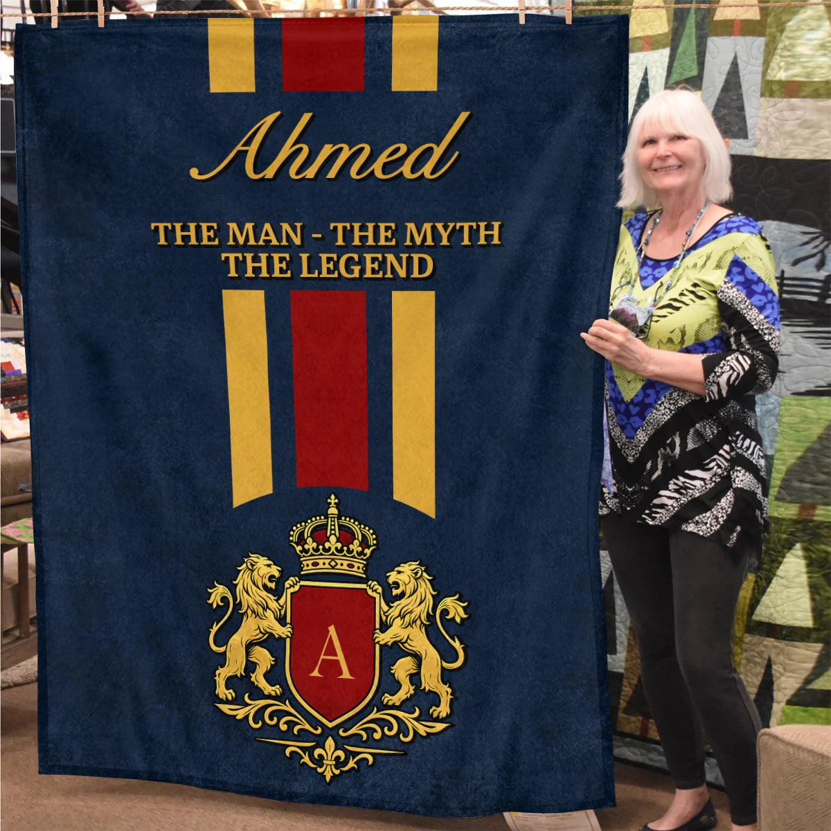 The Man The Myth The Legend Navy Striped Fleece Blanket AHMED 13K1 BK16
