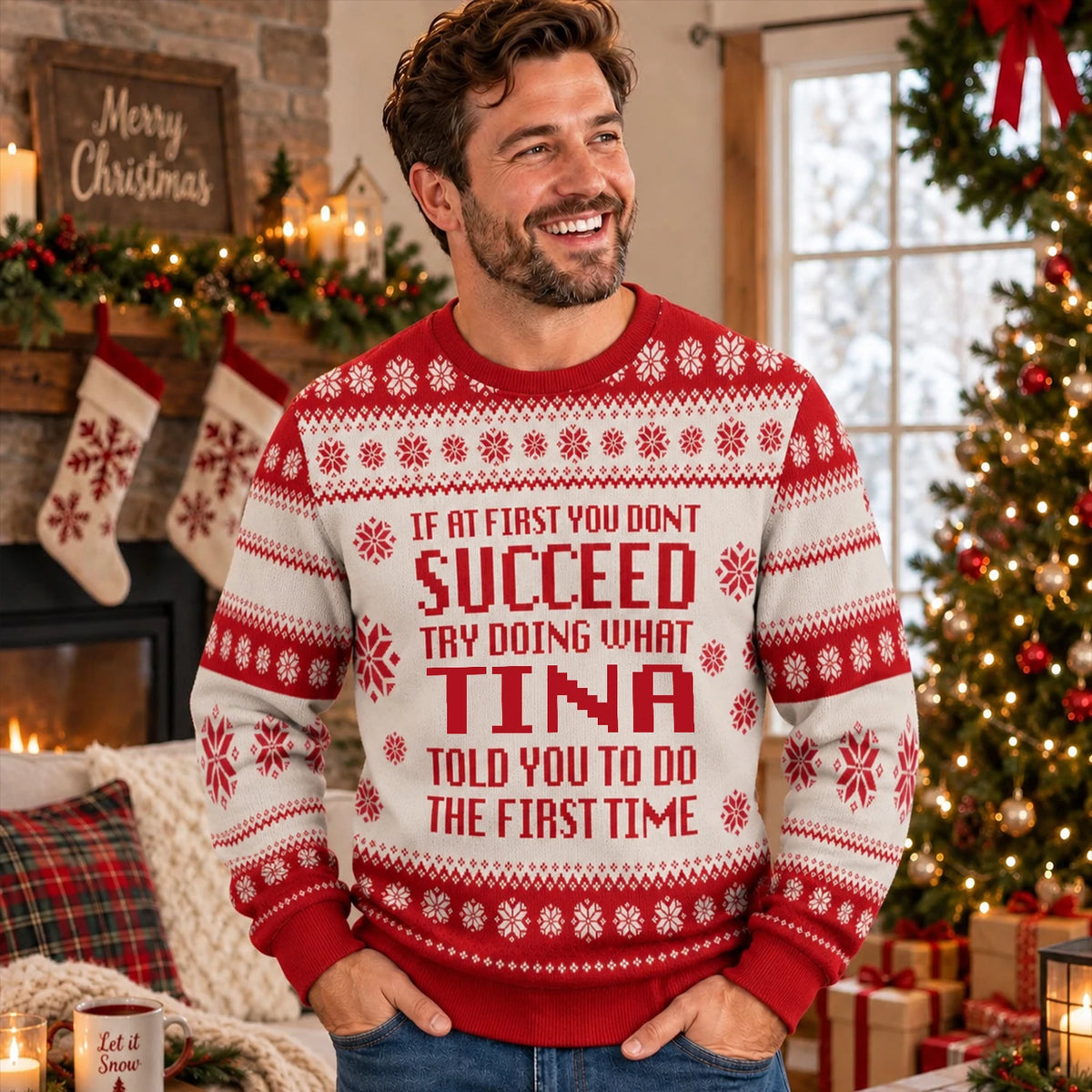 If At First You Don’t Succeed Red Cream Christmas Ugly Sweater TINA 13K1 UG08