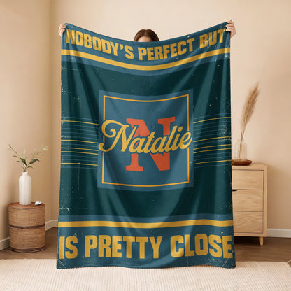 Nobody's Perfect But Your Name Is Close Vintage Blue & Brown Fleece Blanket NATALIE 13K1 BK54