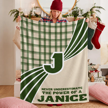 Never Underestimate Your Name Green & Cream Plaid Fleece Blanket JANICE 13K1 BK50