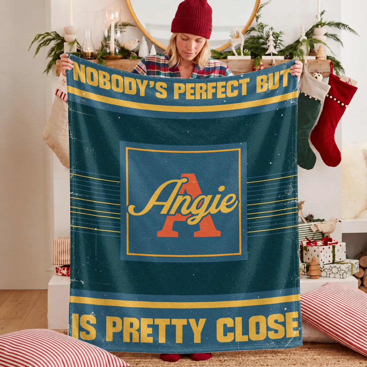Nobody's Perfect But Your Name Is Close Vintage Blue & Brown Fleece Blanket ANGIE 13K1 BK54