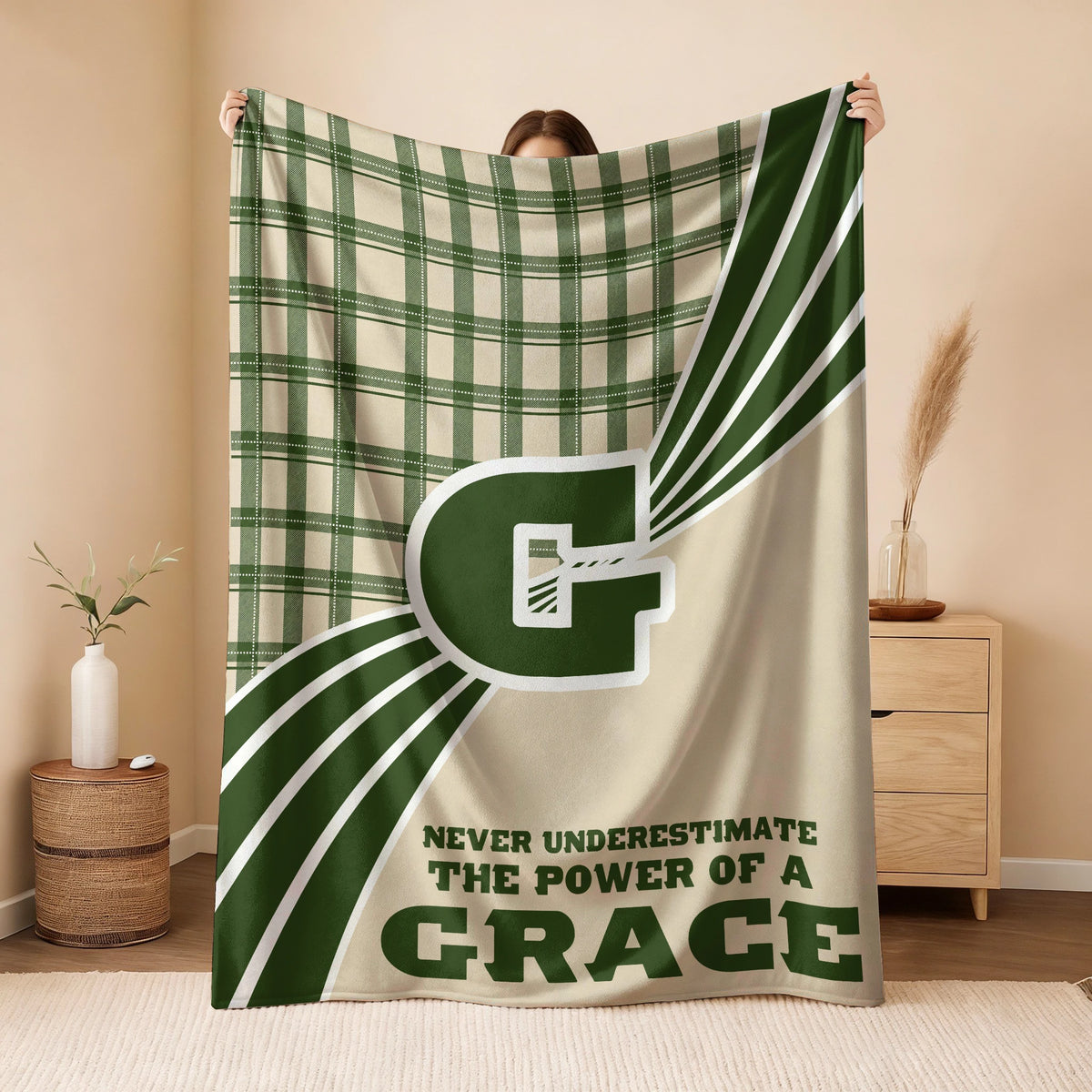 Never Underestimate Your Name Green & Cream Plaid Fleece Blanket GRACE 13K1 BK50