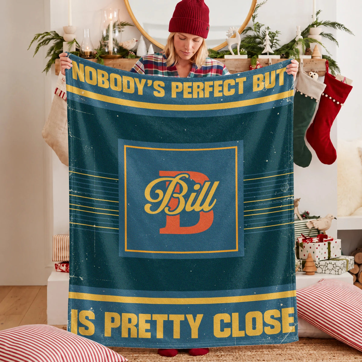 Nobody's Perfect But Your Name Is Close Vintage Blue & Brown Fleece Blanket BILL 13K1 BK54