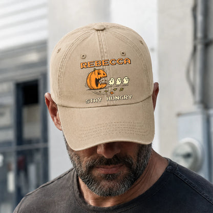 Stay Hungry Pumpkin Chasing Ghosts Funny Washed Cap REBECCA 13K1 C101PF