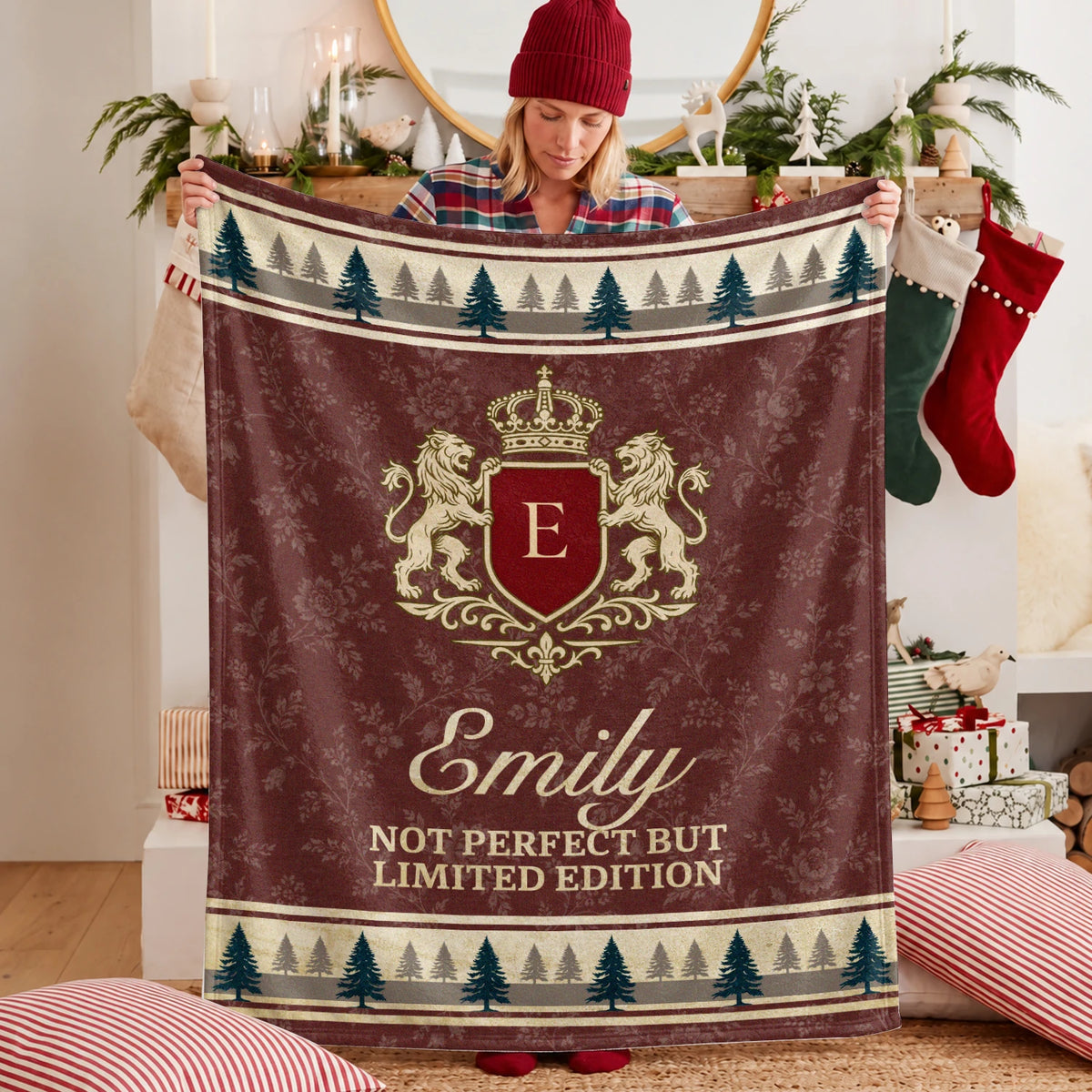 Not Perfect But Limited Edition Burgundy Pine Tree Fleece Blanket EMILY 13K1 BK41