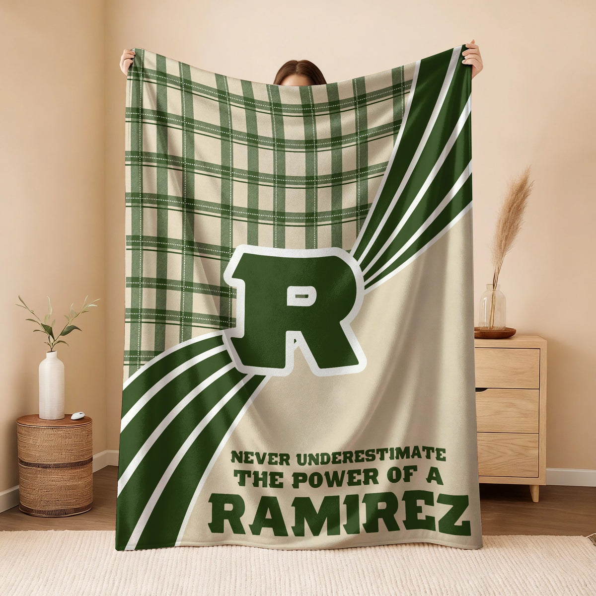 Never Underestimate Your Name Green & Cream Plaid Fleece Blanket RAMIREZ 13K1 BK50