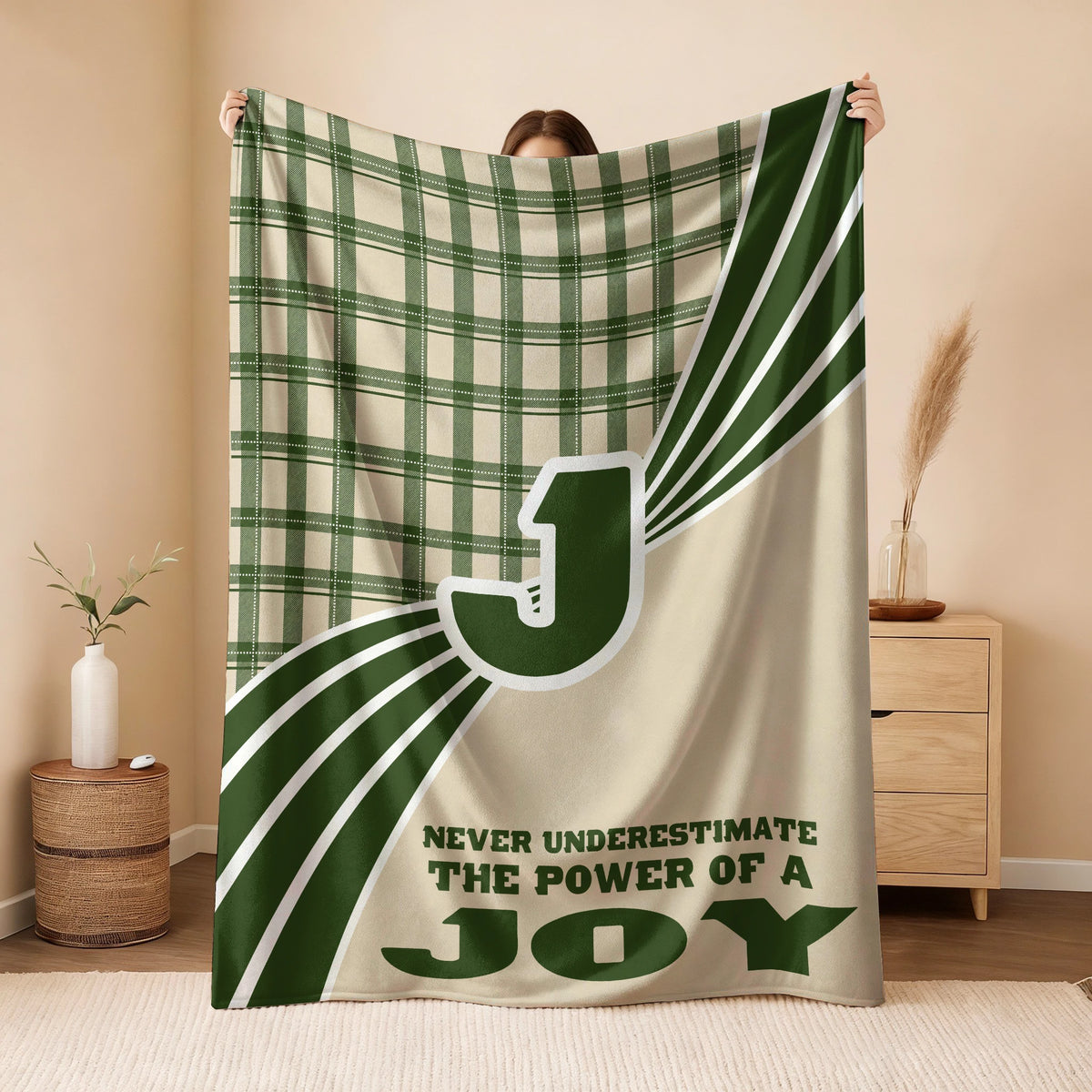 Never Underestimate Your Name Green & Cream Plaid Fleece Blanket JOY 13K1 BK50
