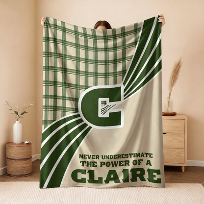 Never Underestimate Your Name Green & Cream Plaid Fleece Blanket CLAIRE 13K1 BK50
