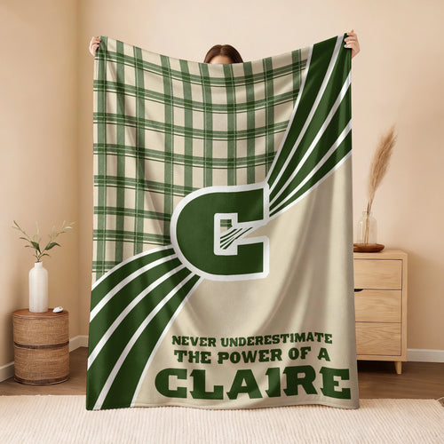 Never Underestimate Your Name Green & Cream Plaid Fleece Blanket CLAIRE 13K1 BK50