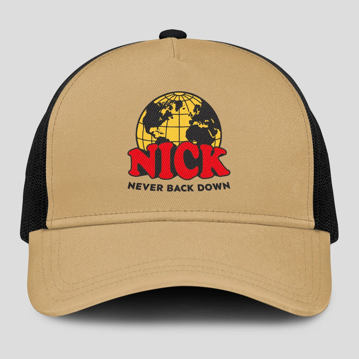 Never Back Down World Logo Khaki Mesh Cap NICK 13K1 C212PF
