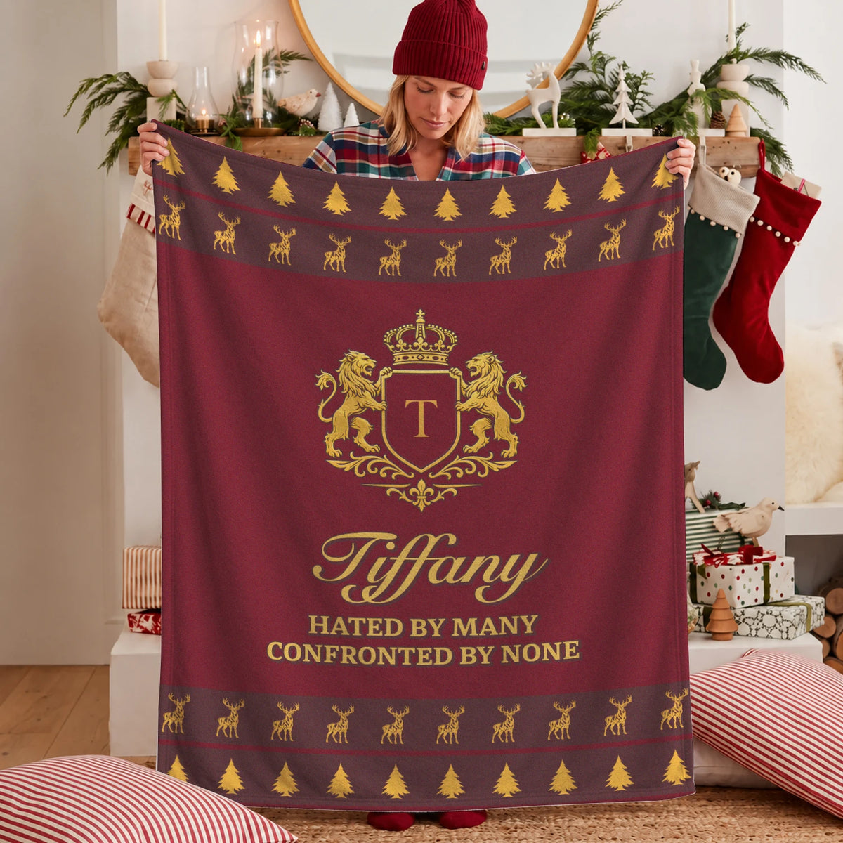 Hated By Many Confronted By None Burgundy Gold Christmas Fleece Blanket TIFFANY 13K1 BK33