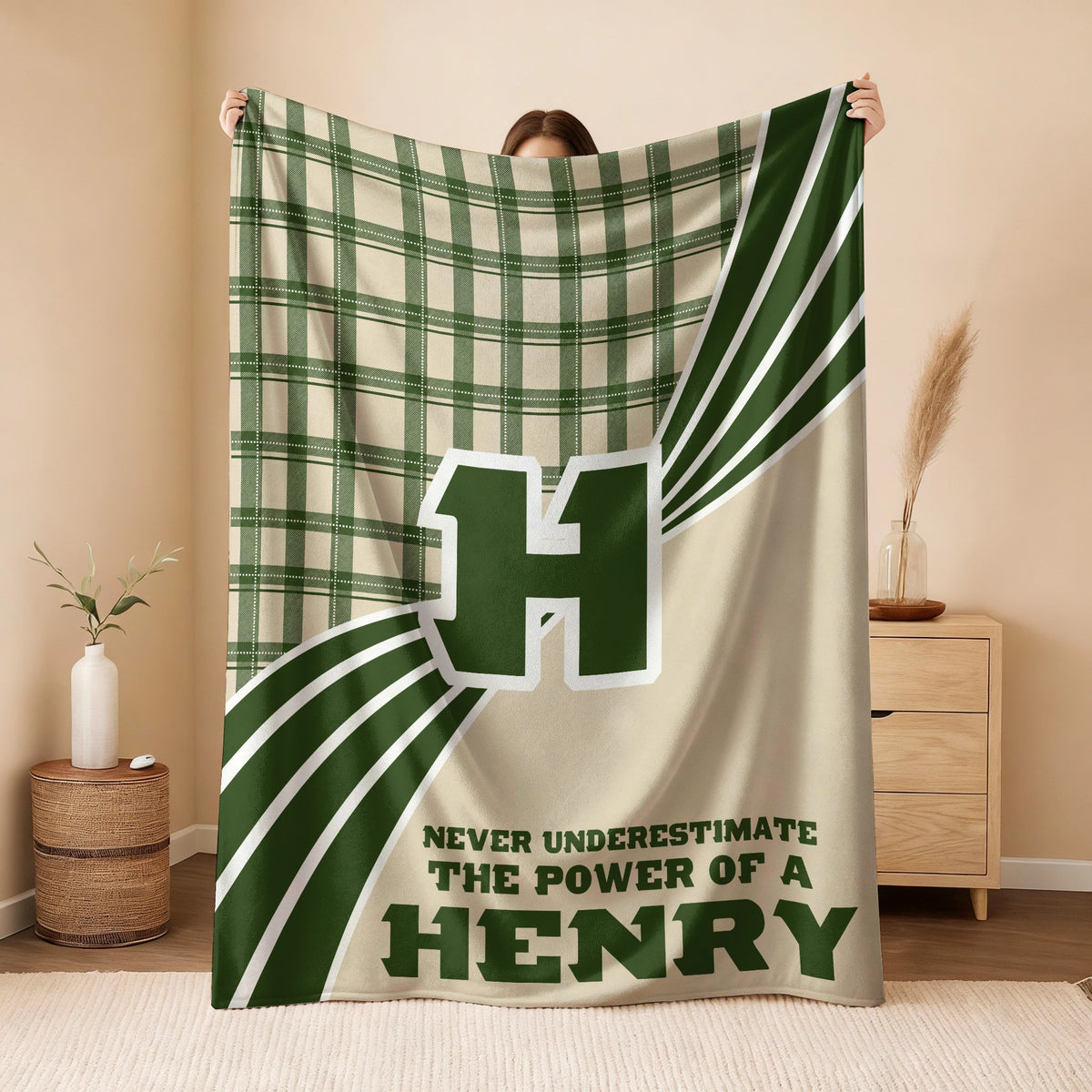 Never Underestimate Your Name Green & Cream Plaid Fleece Blanket HENRY 13K1 BK50