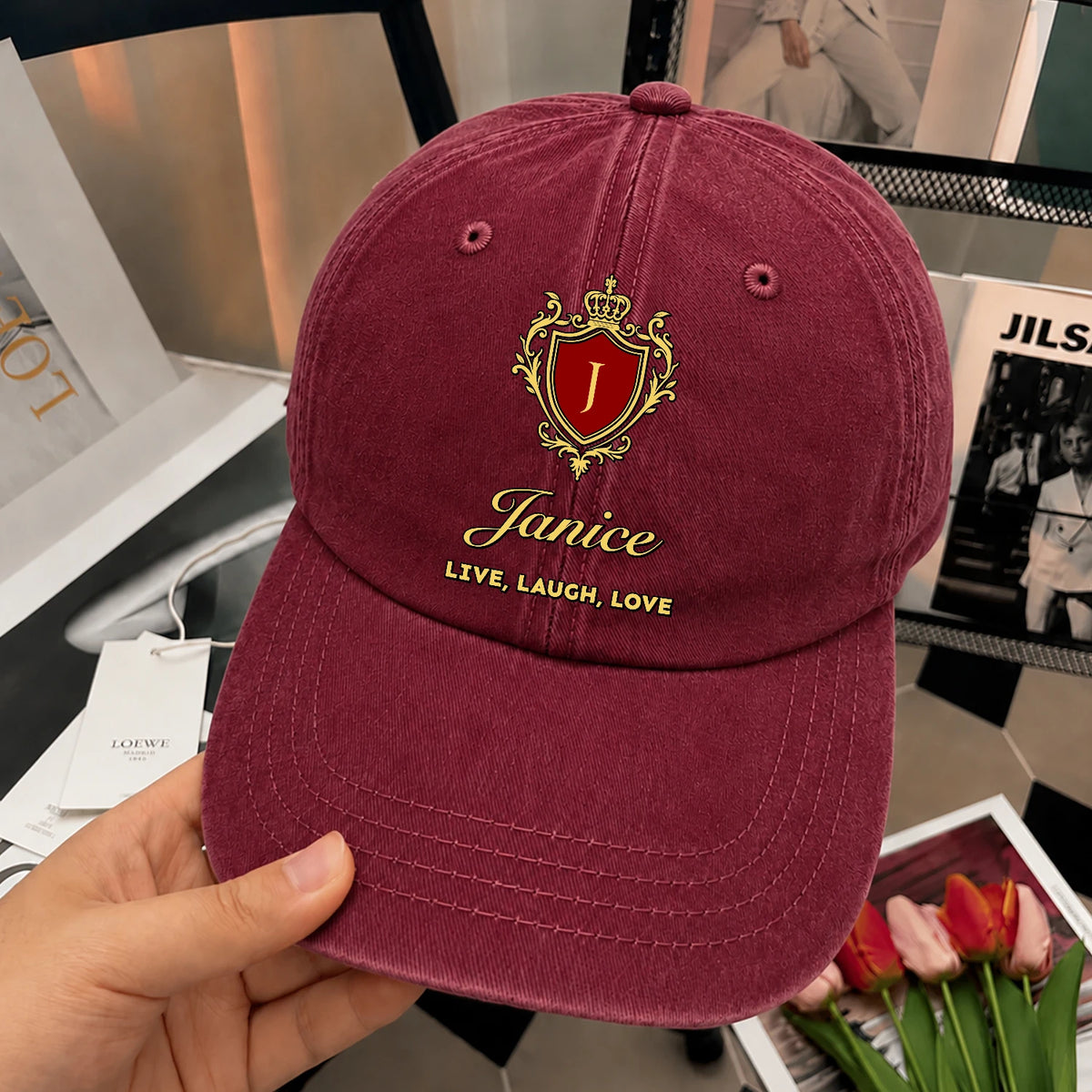 Live Laugh Love Luxury Burgundy Washed Cap JANICE 13K1 C119PF
