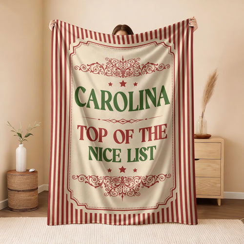 Your Name Nice List Red Striped Christmas Fleece Blanket CAROLINA 13K1 BK60