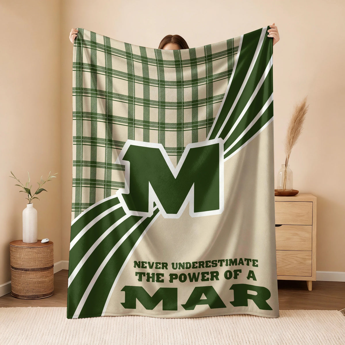 Never Underestimate Your Name Green & Cream Plaid Fleece Blanket MAR 13K1 BK50