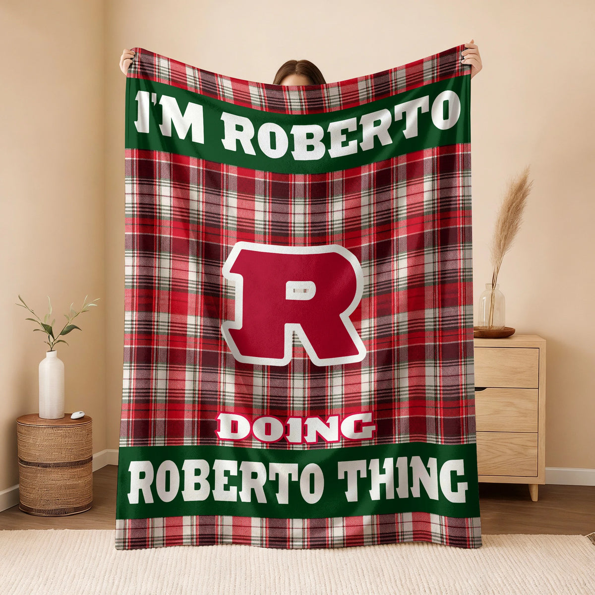 I'm Name Doing Name Things Red Plaid Fleece Blanket ROBERTO 13K1 BK49