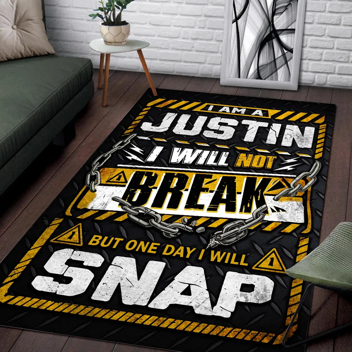 JUSTIN Motivational Rug – Black & Yellow Quote Carpet for Living Room 13K1-AR1