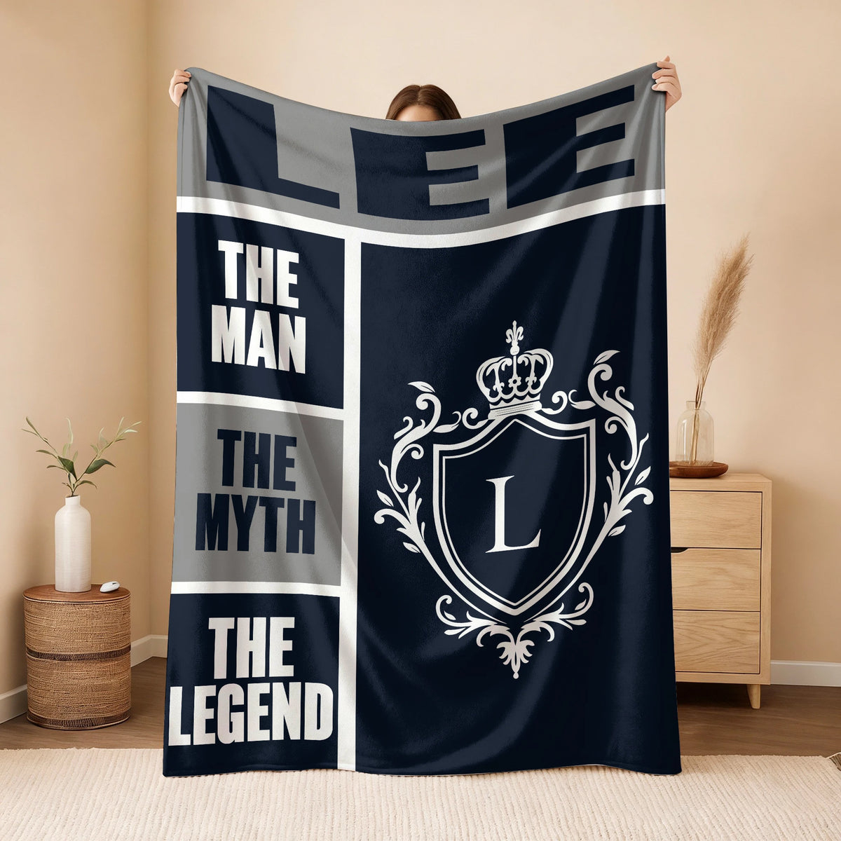 The Man The Myth The Legend Navy Gray & Gold Fleece Blanket  LEE 13K1 BK09