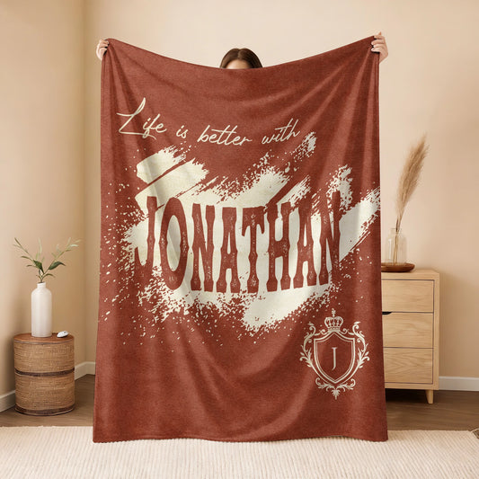 Life Is Better With Your Name Terracotta Cream Fleece Blanket JONATHAN 13K1 BK30