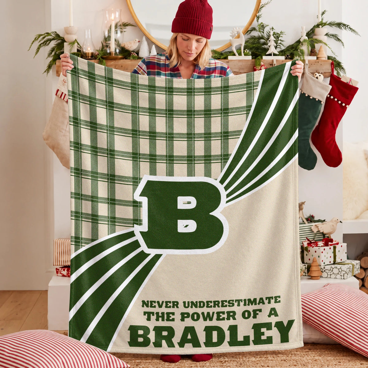 Never Underestimate Your Name Green & Cream Plaid Fleece Blanket BRADLEY 13K1 BK50