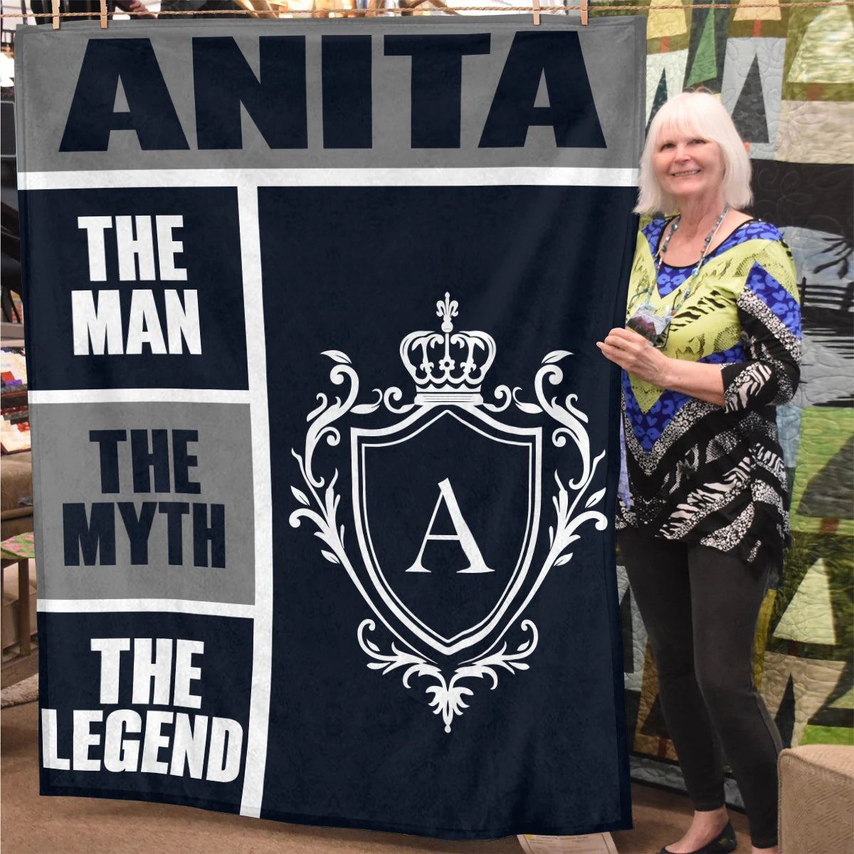The Man The Myth The Legend Navy Gray & Gold Fleece Blanket  ANITA 13K1 BK09