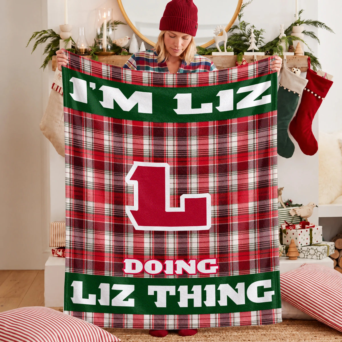 I'm Name Doing Name Things Red Plaid Fleece Blanket LIZ 13K1 BK49