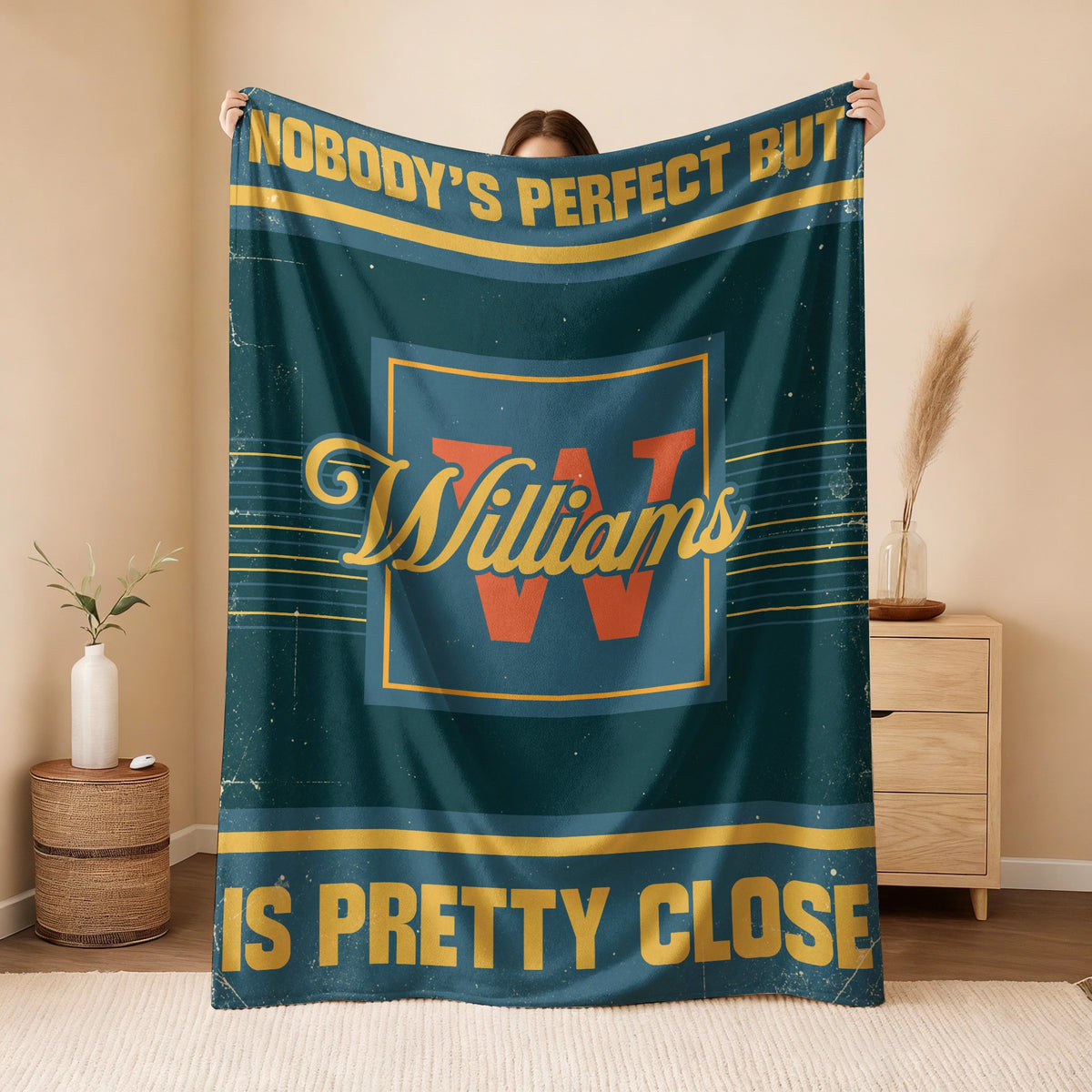 Nobody's Perfect But Your Name Is Close Vintage Blue & Brown Fleece Blanket WILLIAMS 13K1 BK54
