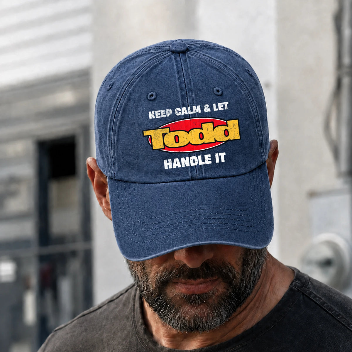 Keep Calm & Let Your Name Handle It Yellow And Red Logo Washed Cap TODD 13K1 C172PF