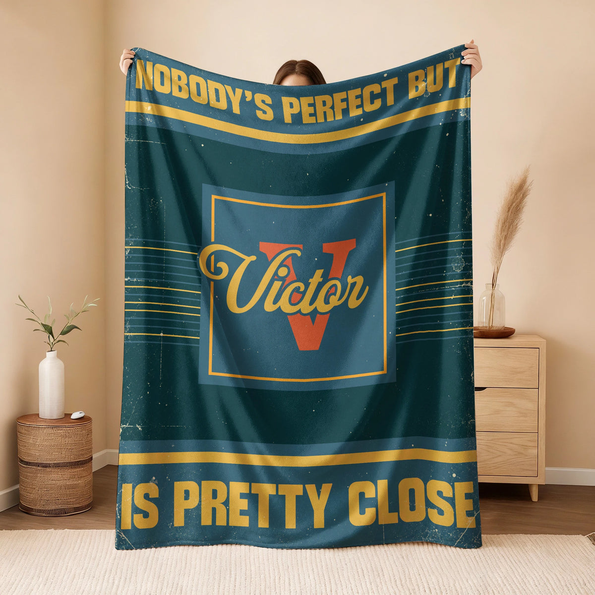 Nobody's Perfect But Your Name Is Close Vintage Blue & Brown Fleece Blanket VICTOR 13K1 BK54