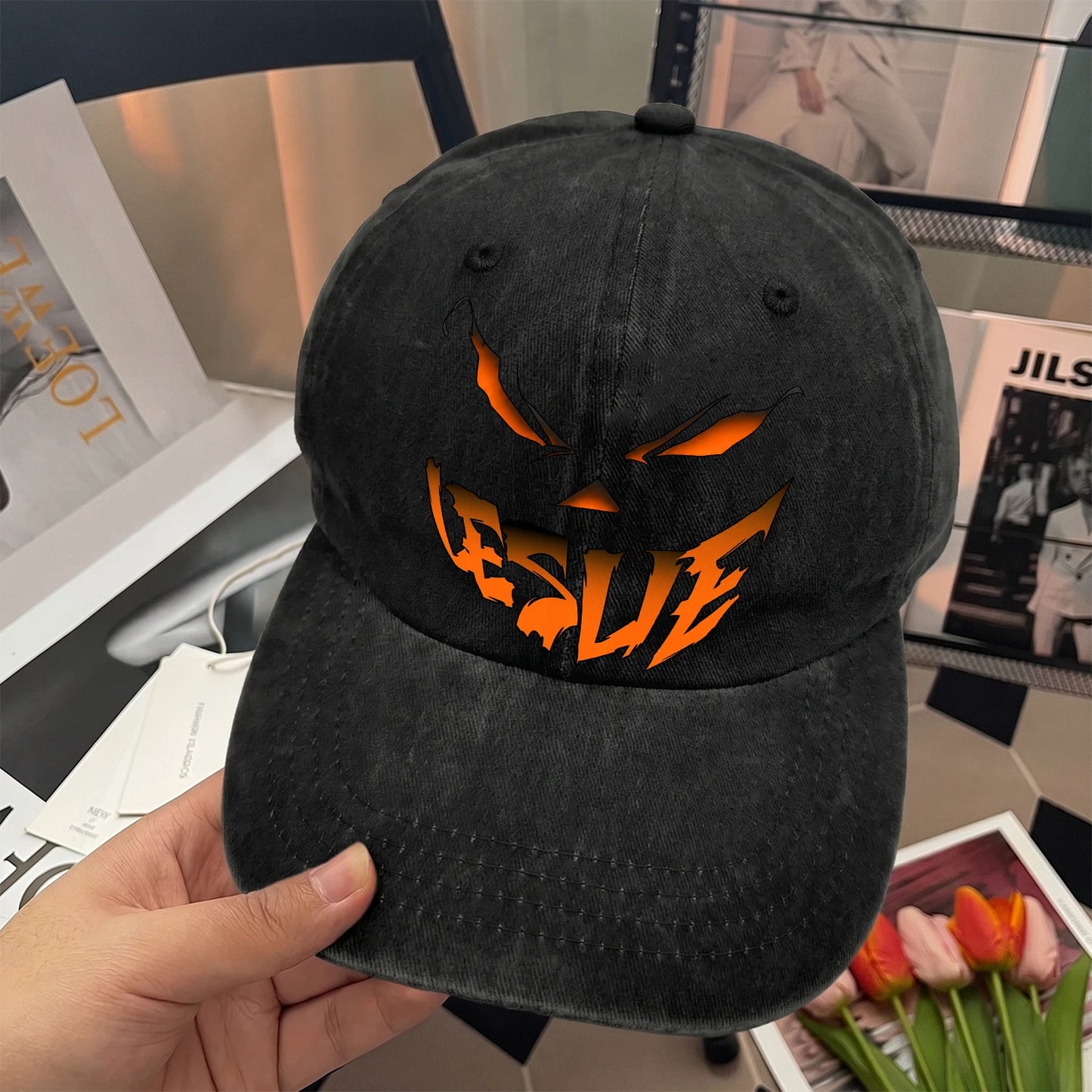 Stay Hungry Pumpkin Chasing Ghosts Funny Washed Cap LESLIE 13K1 C101PF
