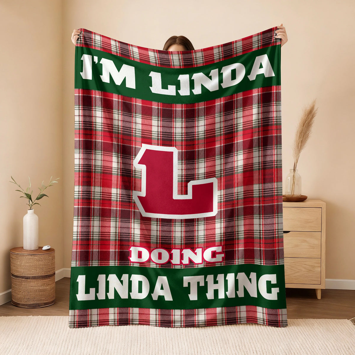 I'm Name Doing Name Things Red Plaid Fleece Blanket LINDA 13K1 BK49