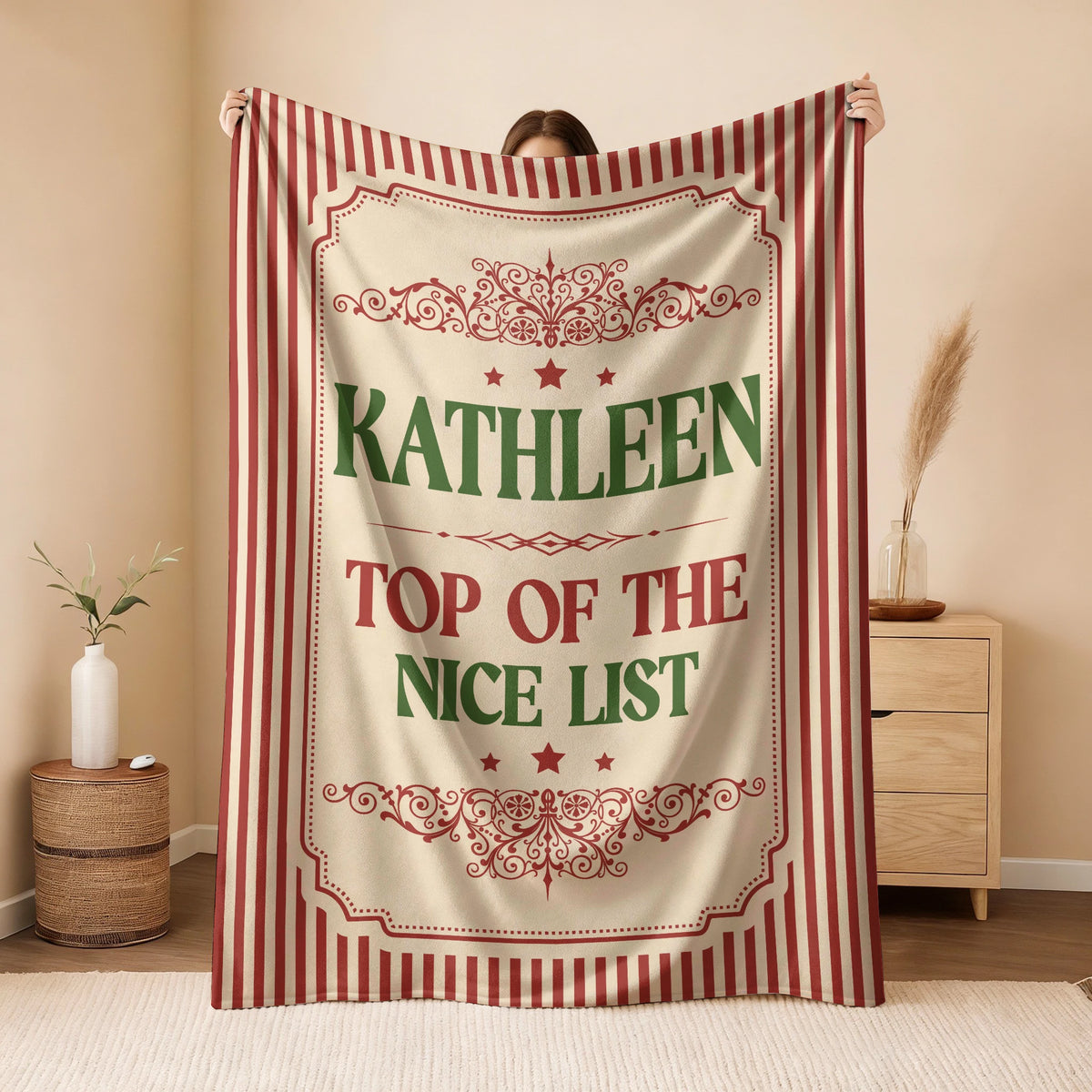 Your Name Nice List Red Striped Christmas Fleece Blanket KATHLEEN 13K1 BK60