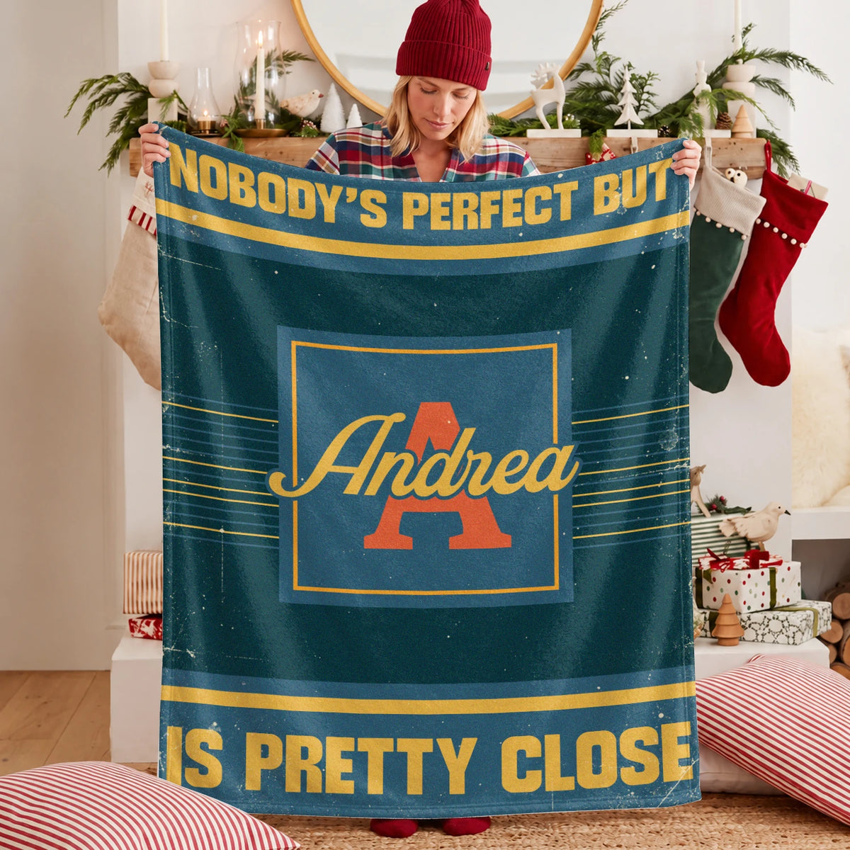 Nobody's Perfect But Your Name Is Close Vintage Blue & Brown Fleece Blanket ANDREA 13K1 BK54