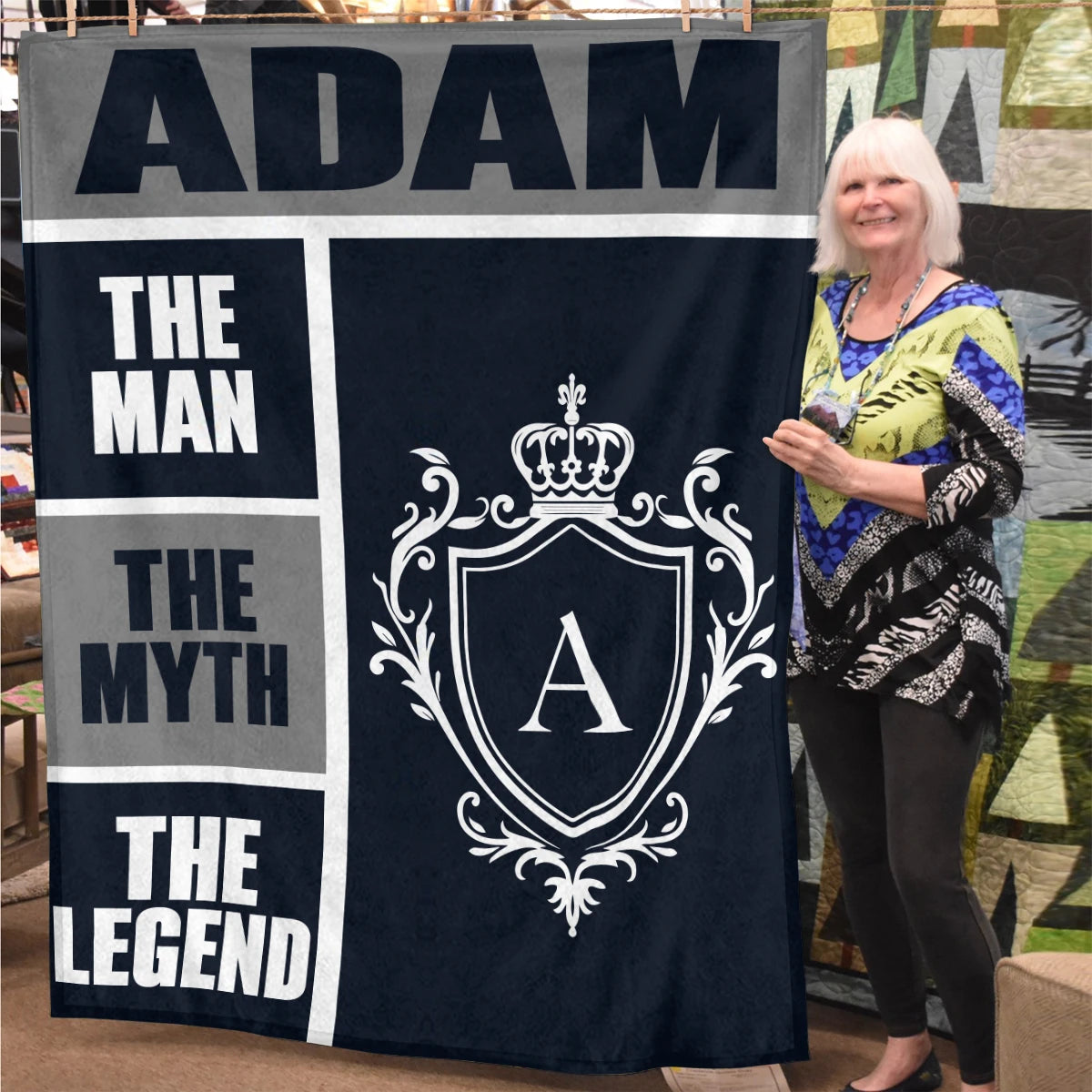 The Man The Myth The Legend Navy Gray & Gold Fleece Blanket  ADAM 13K1 BK09