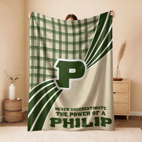 Never Underestimate Your Name Green & Cream Plaid Fleece Blanket PHILIP 13K1 BK50